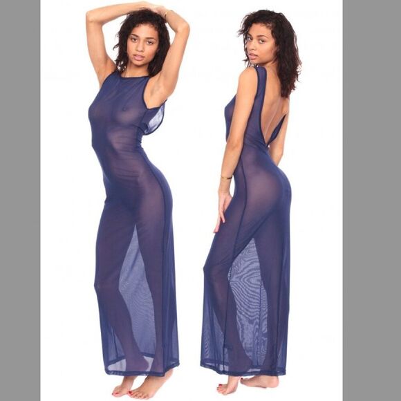 NEW American Apparel XS S Navy Sheer Sexy Mesh Long Tank Maxi Dress Cover Up Y2K - Picture 1 of 9